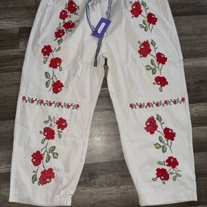 White Women's Embroidered Floral Pants with Red Rose Detail